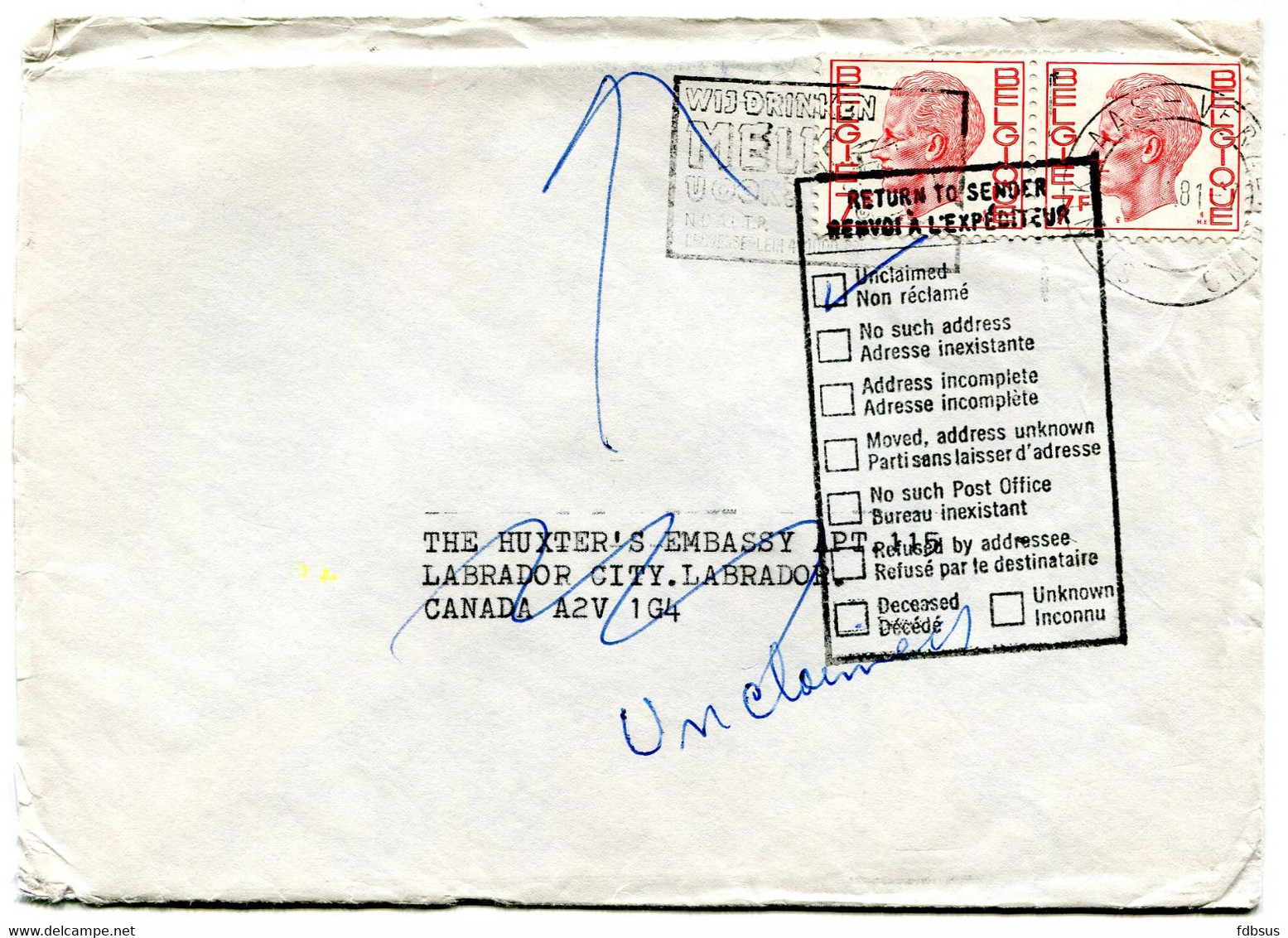 1981 Cover 14Fr From St Niklaas To Labrador Canada - Returned Unclaimed - Stempel LABRADOR CITY - DRINK MELK MILK LAIT - 1970-1980 Elström