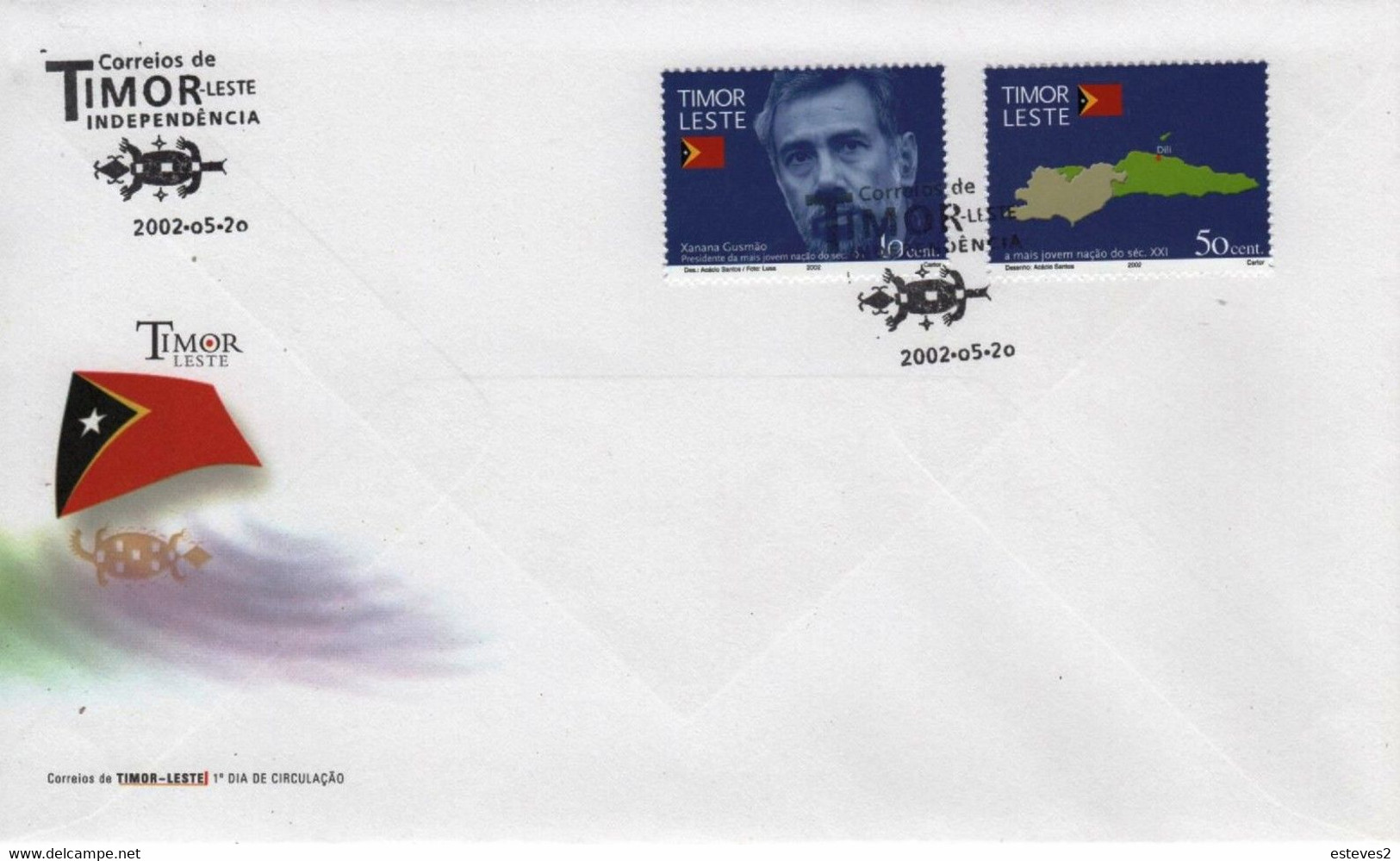 East Timor , 2002 , FDC ,  Independence , Xanana Gusmão , Flag , Map - Oost-Timor