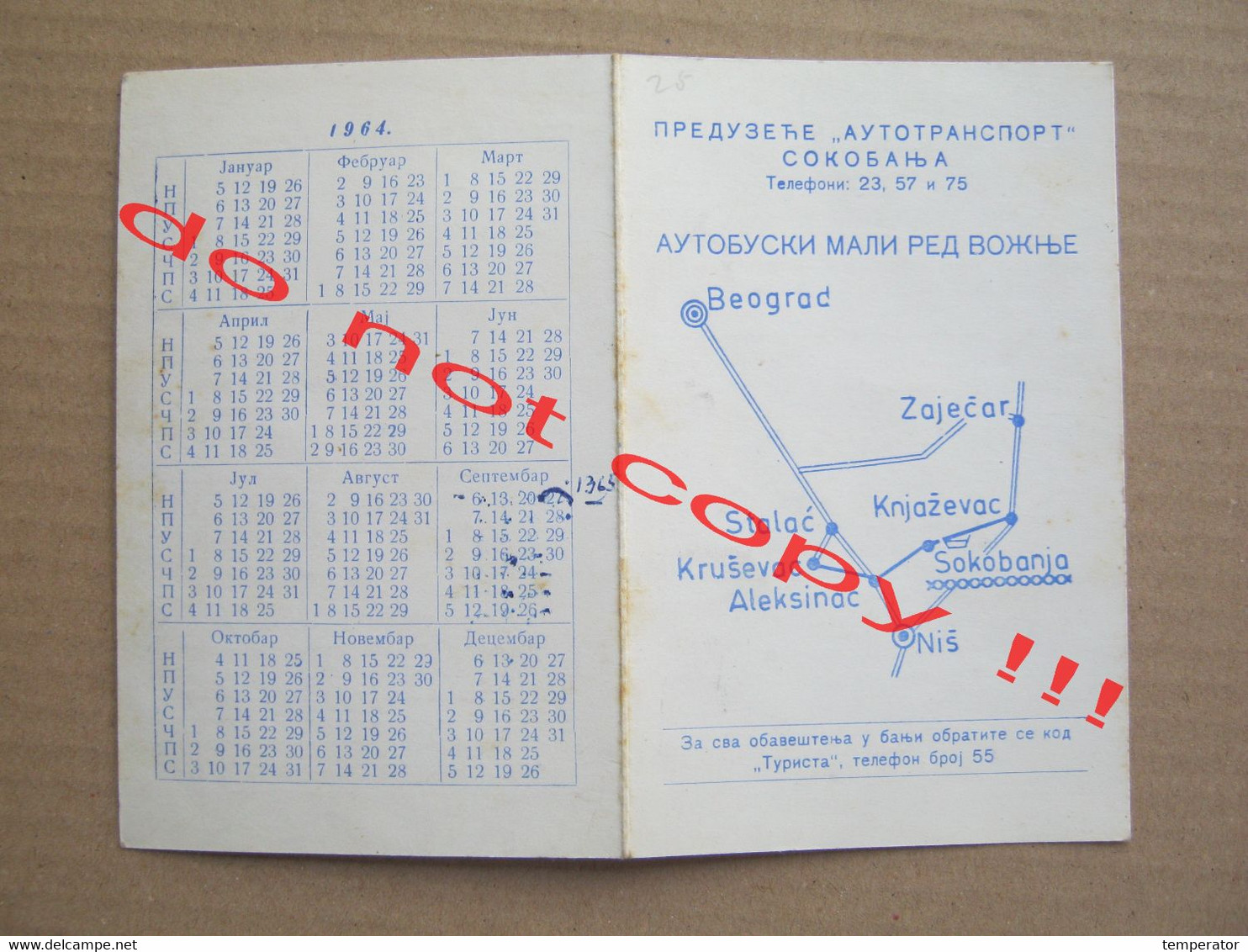 Yugoslavia " AUTOTRANSPORT " Soko Banja / Bus Small Timetable With Calendar ( 1964 ) - Europe