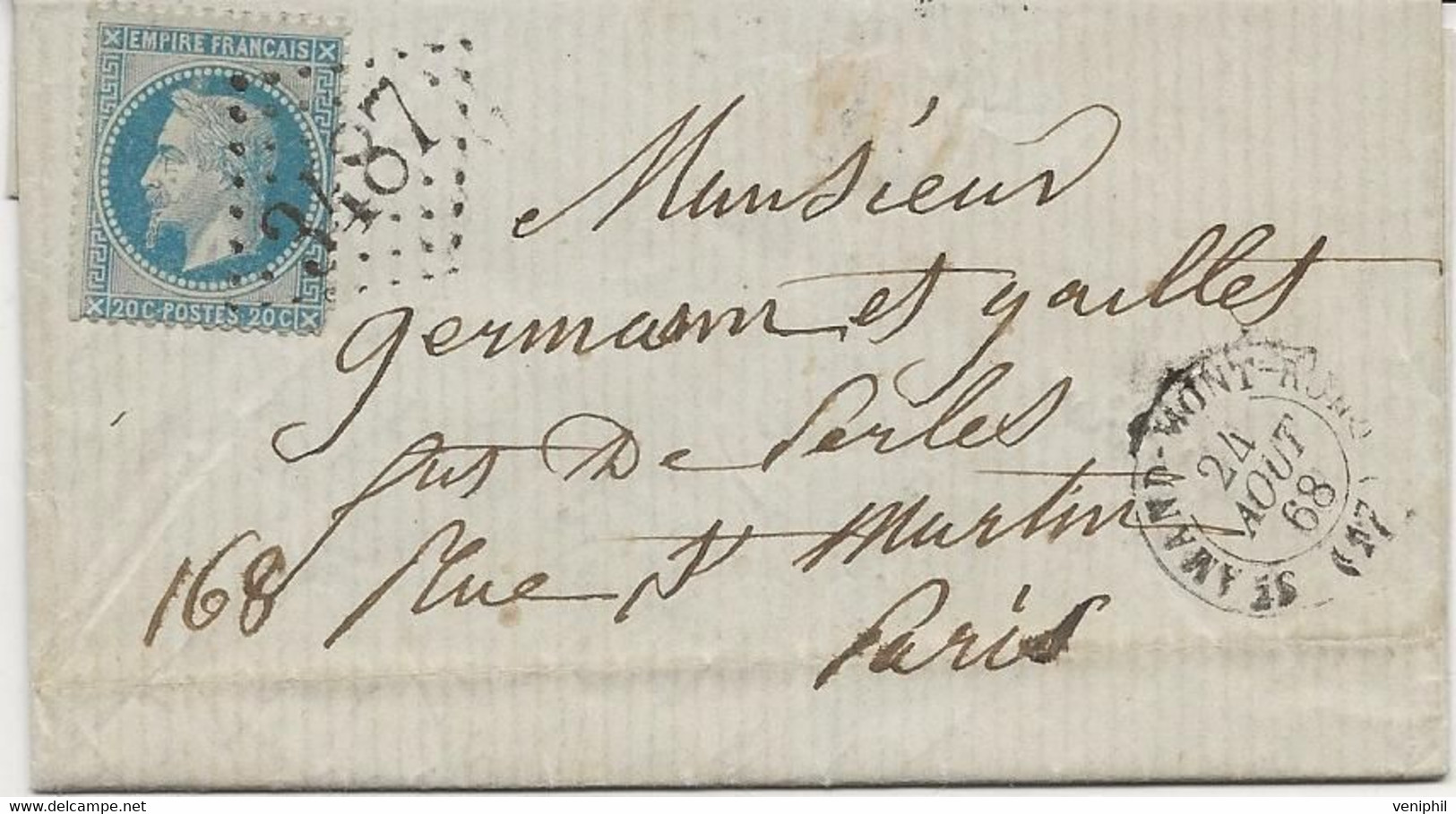 PETITE LETTRE AFFRANCHIE N° 29 - OBLITEREE  GROS CHIFFRES 3487 + CAD ST AMAND MONTROND 1868 - 1849-1876: Classic Period