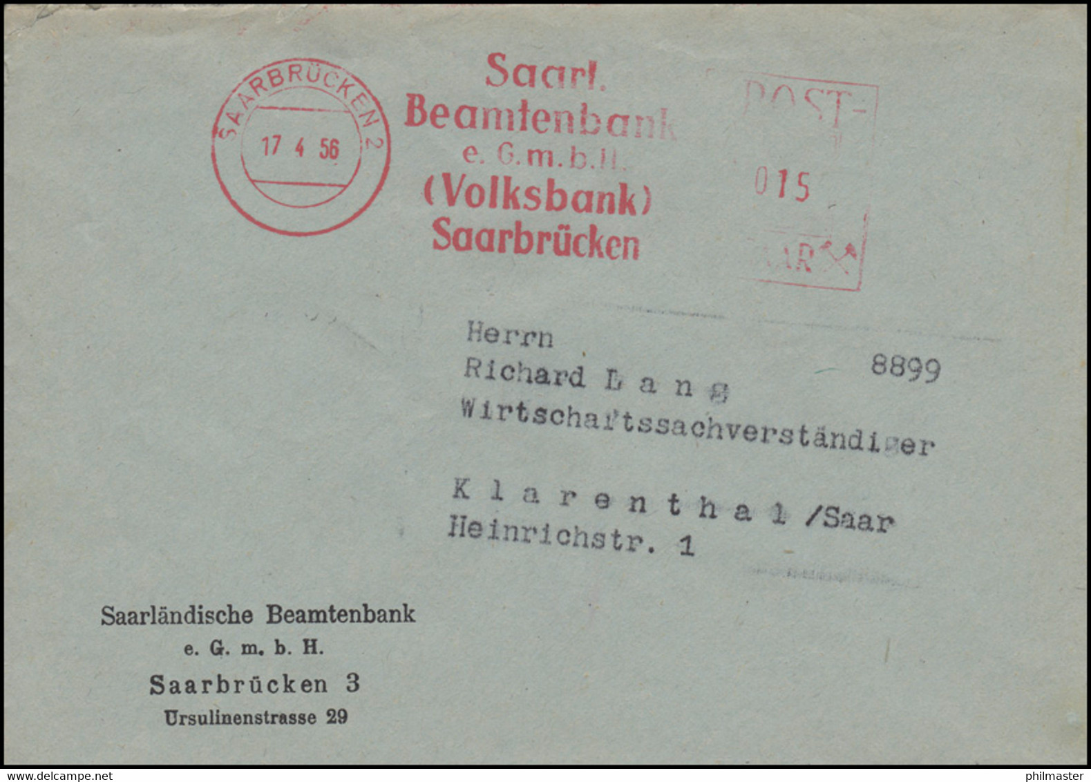 Absenderfreistempel Beamtenbank Volksbank SAARBRÜCKEN 17.4.56 N. Klarenthal/Saar - Other & Unclassified