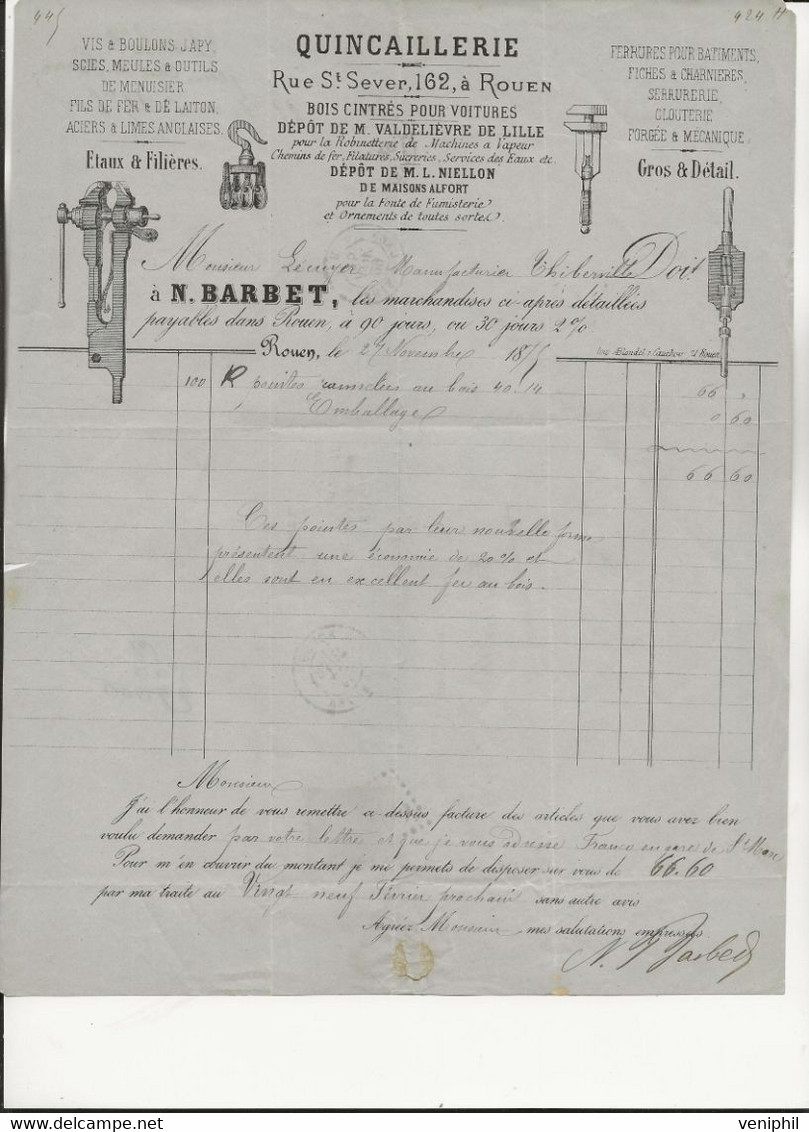 FACTURE QUINCAILLERIE N.BARBET - ROUEN - AU DOS AFFRANCHISSEMENT TIMBRE N° 60 -ANNEE 1875 - Old Professions