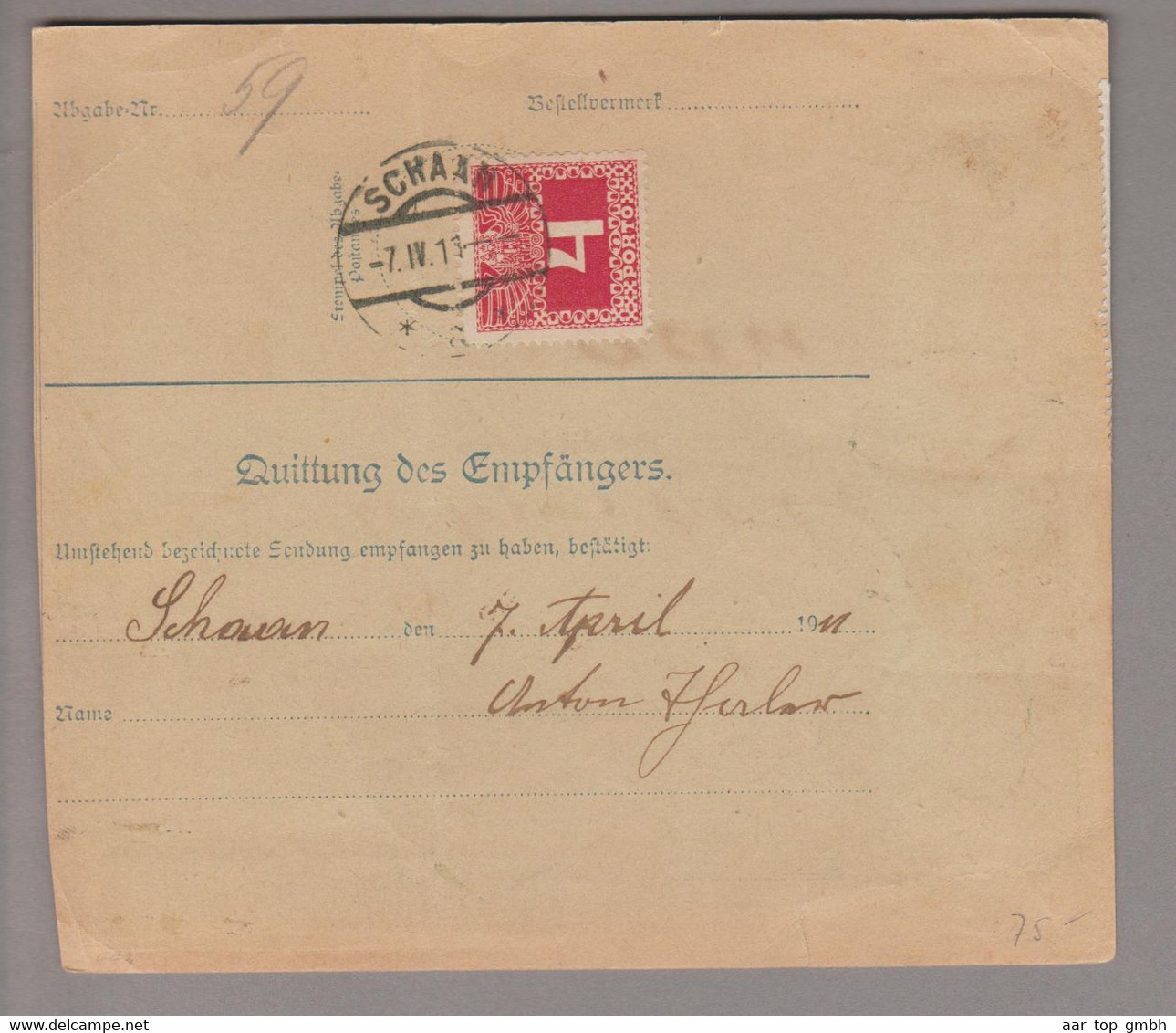 Liechtenstein Portomarken 1911-04-07 Schaan 4 Heller Mi#36 (AT) Auf Paketkarte Aus Feldkirch - Impuesto