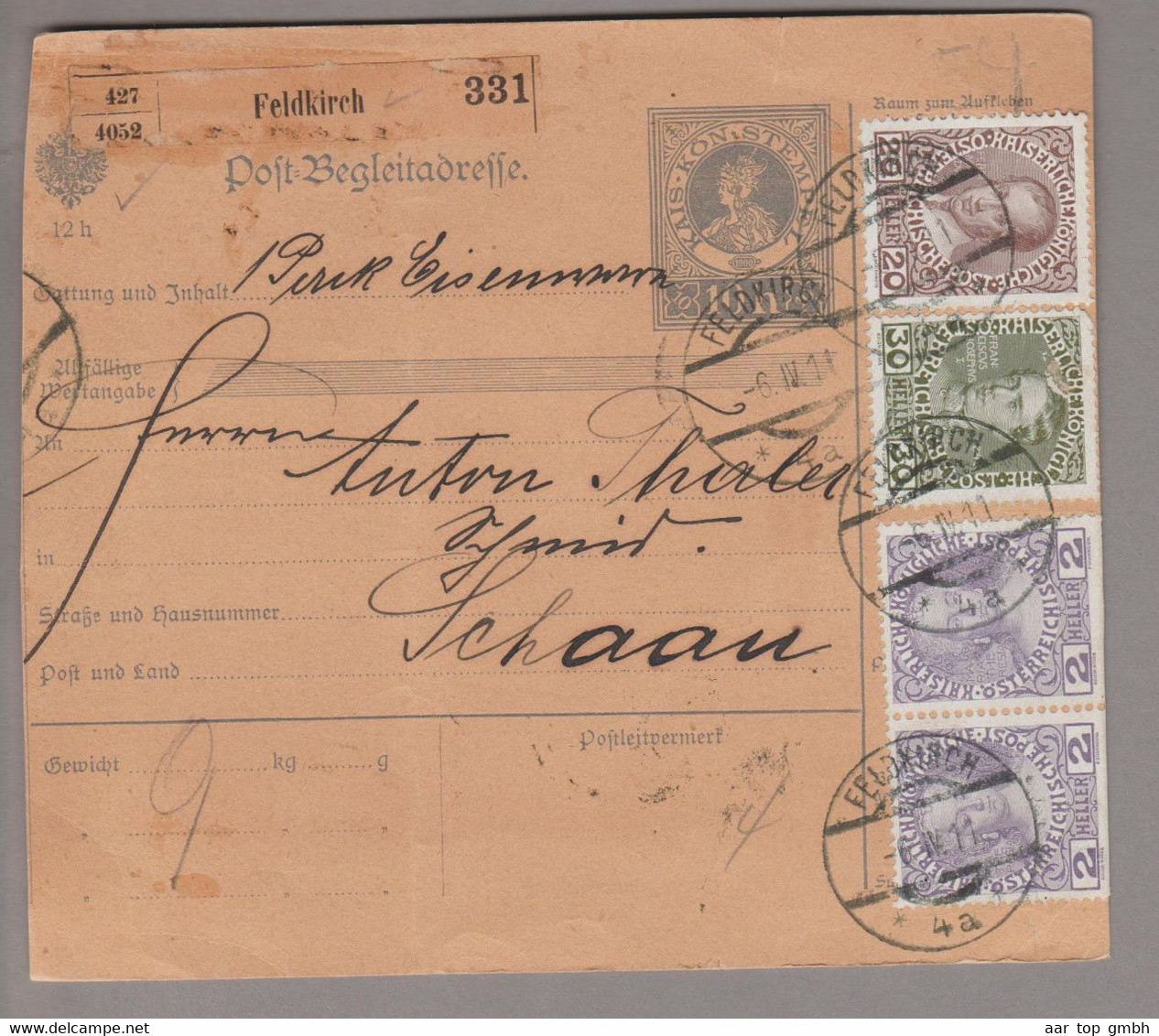 Liechtenstein Portomarken 1911-04-07 Schaan 4 Heller Mi#36 (AT) Auf Paketkarte Aus Feldkirch - Strafportzegels