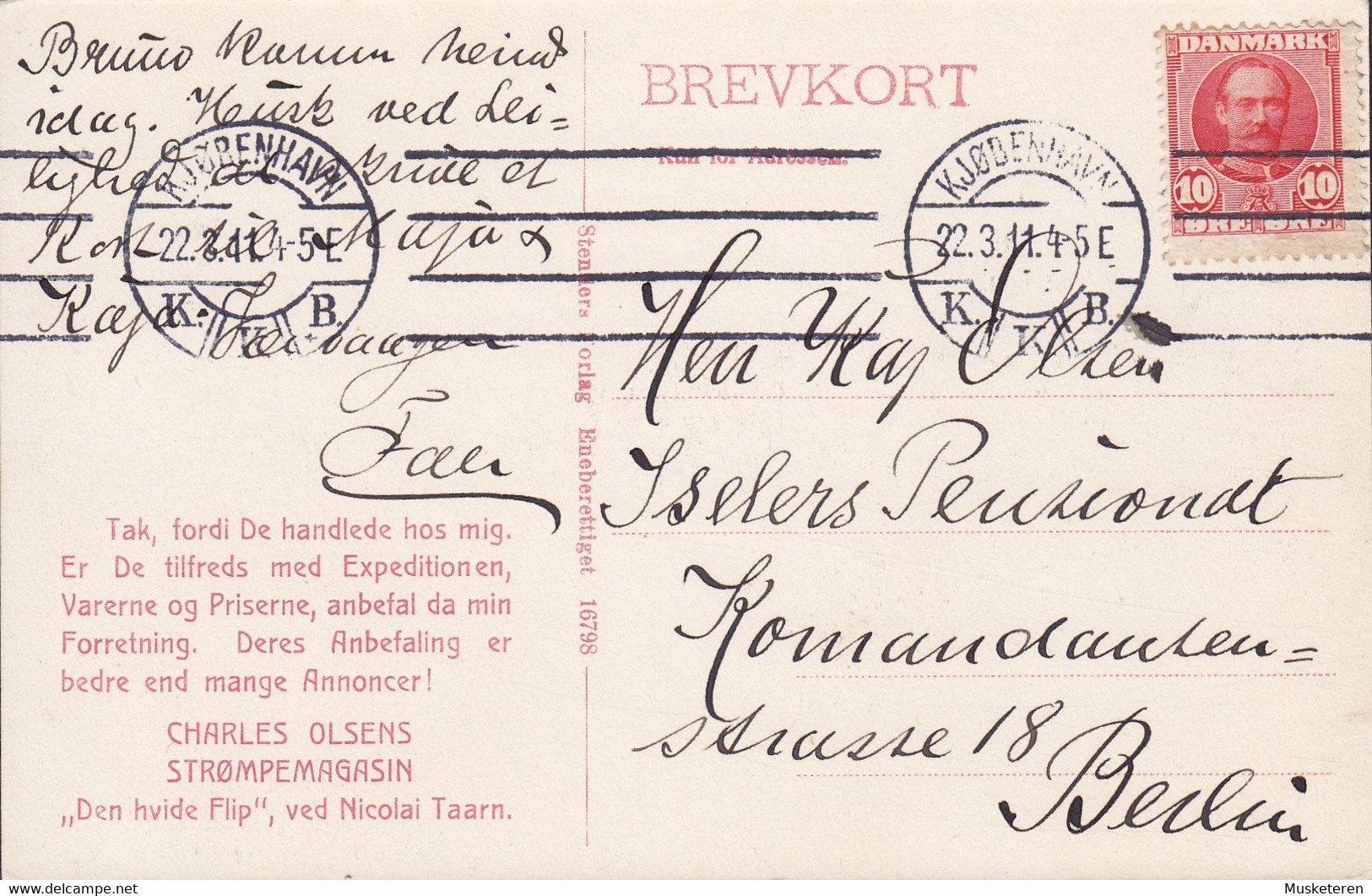 Denmark PPC Nikolai Taarn Commercial CHARLES OLSENS STRØMPEMAGASIN 'Hvide Flip' KJØBENHAVN 1911 BERLIN (2 Scans) - Cartas & Documentos