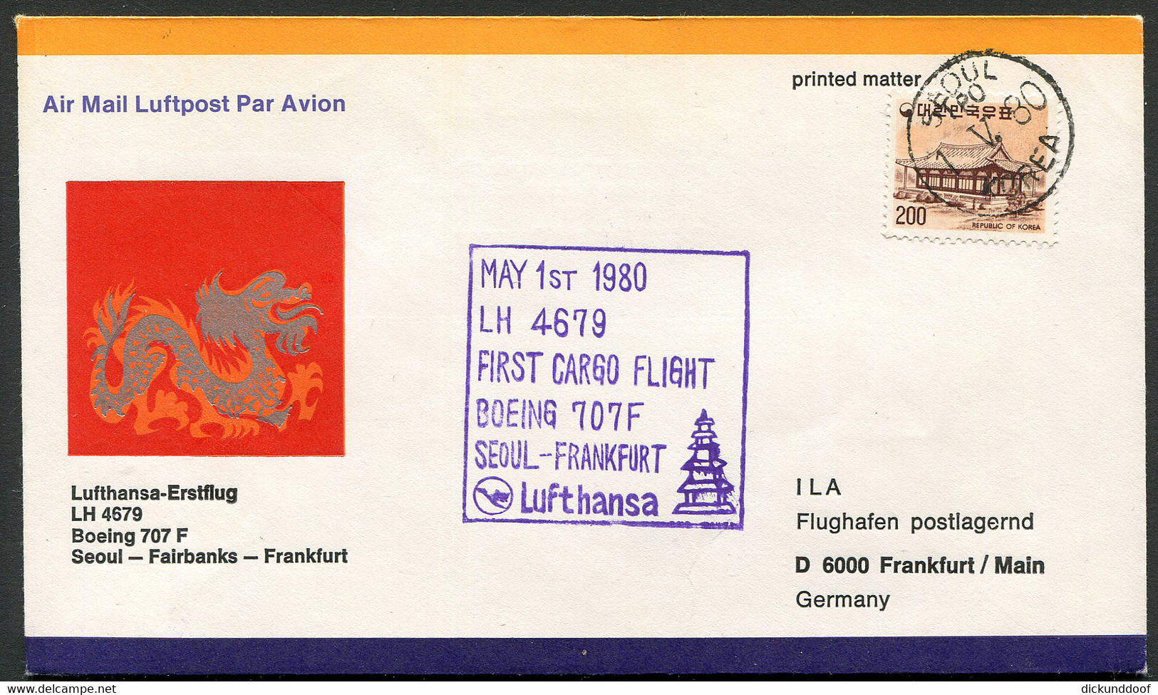 Lufthansa Erstflug (First Flight) LH 4679 Seoul - Frankfurt 01.05.1980 Boeing 707F Luftpost (Airmail) - Avions