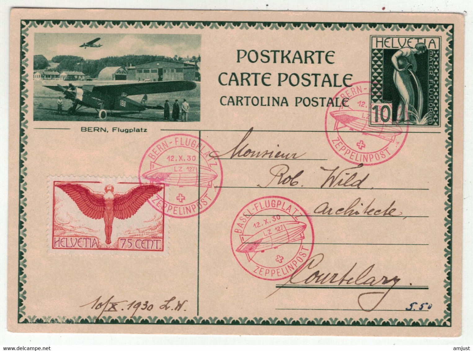 Suisse // Schweiz // Entiers Postaux // Entier Postal , Vol Zeppelin Du 12.10.1930 (Image Berne, Flugplatz) - Interi Postali