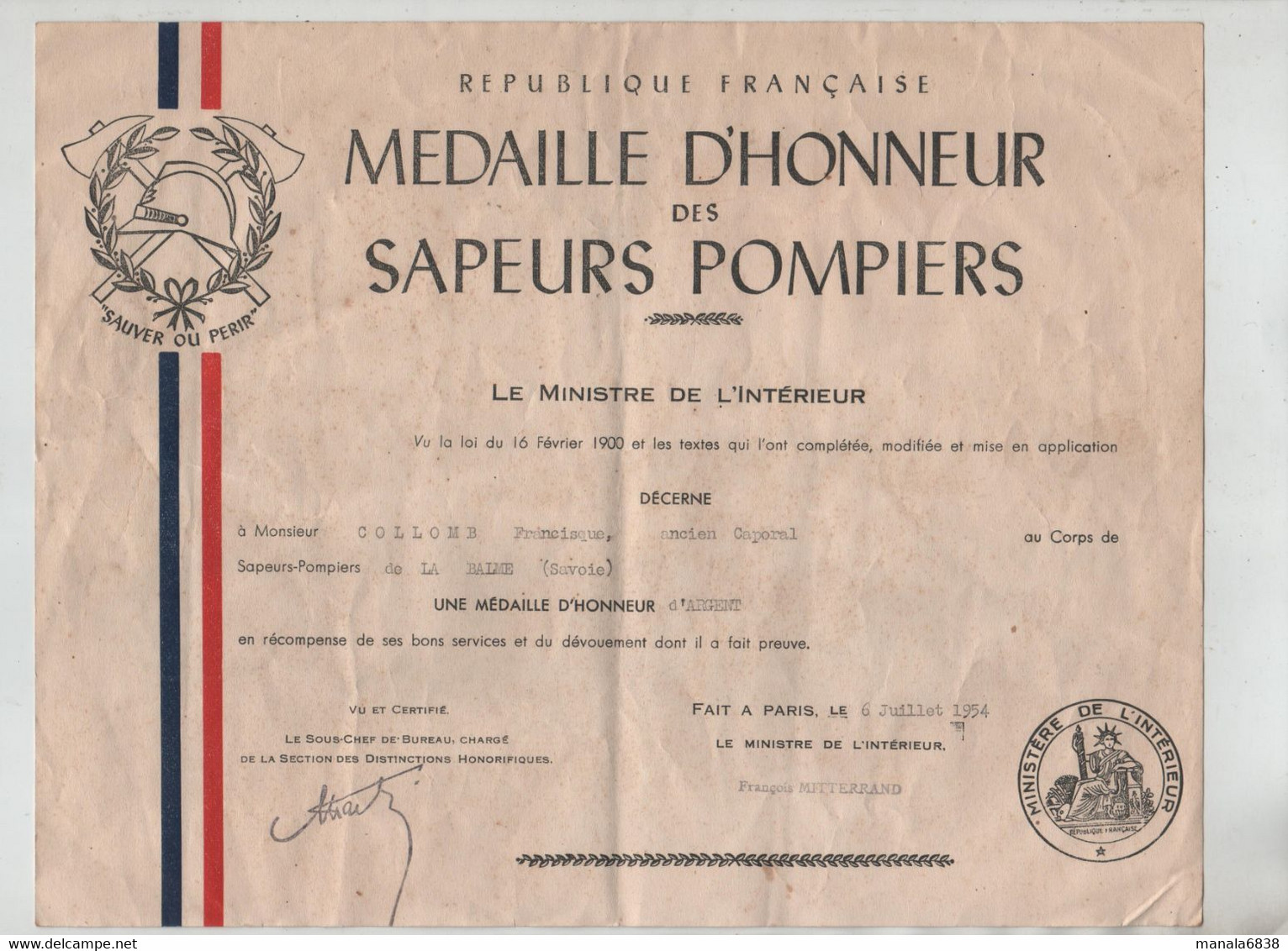 Médaille D'Honneur Des Sapeurs Pompiers Collomb La Balme Savoie 1954 - Bomberos