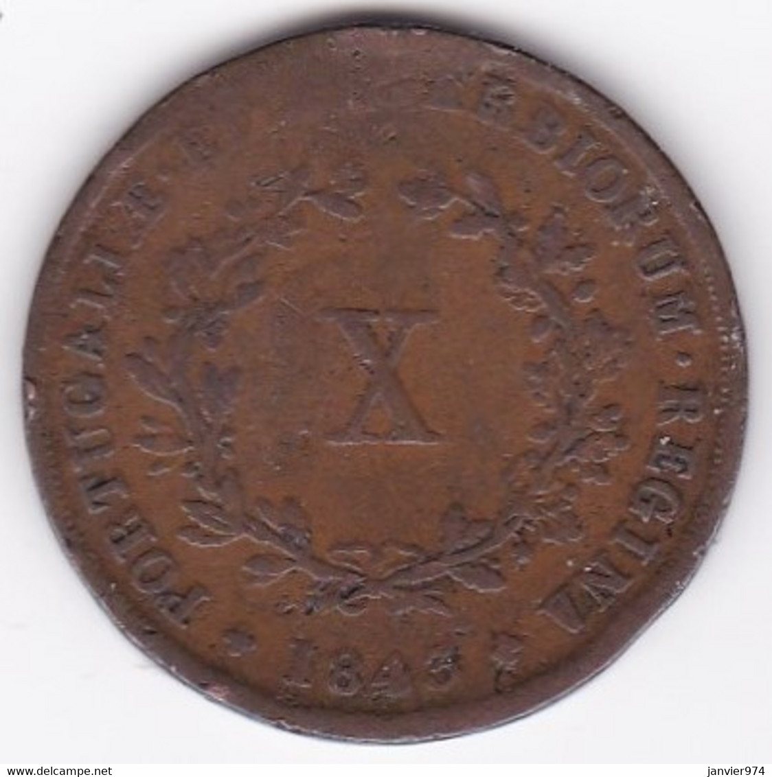 Portugal 10 Reis 1843 , Marie II , En Cuivre, KM# 481 - Portugal