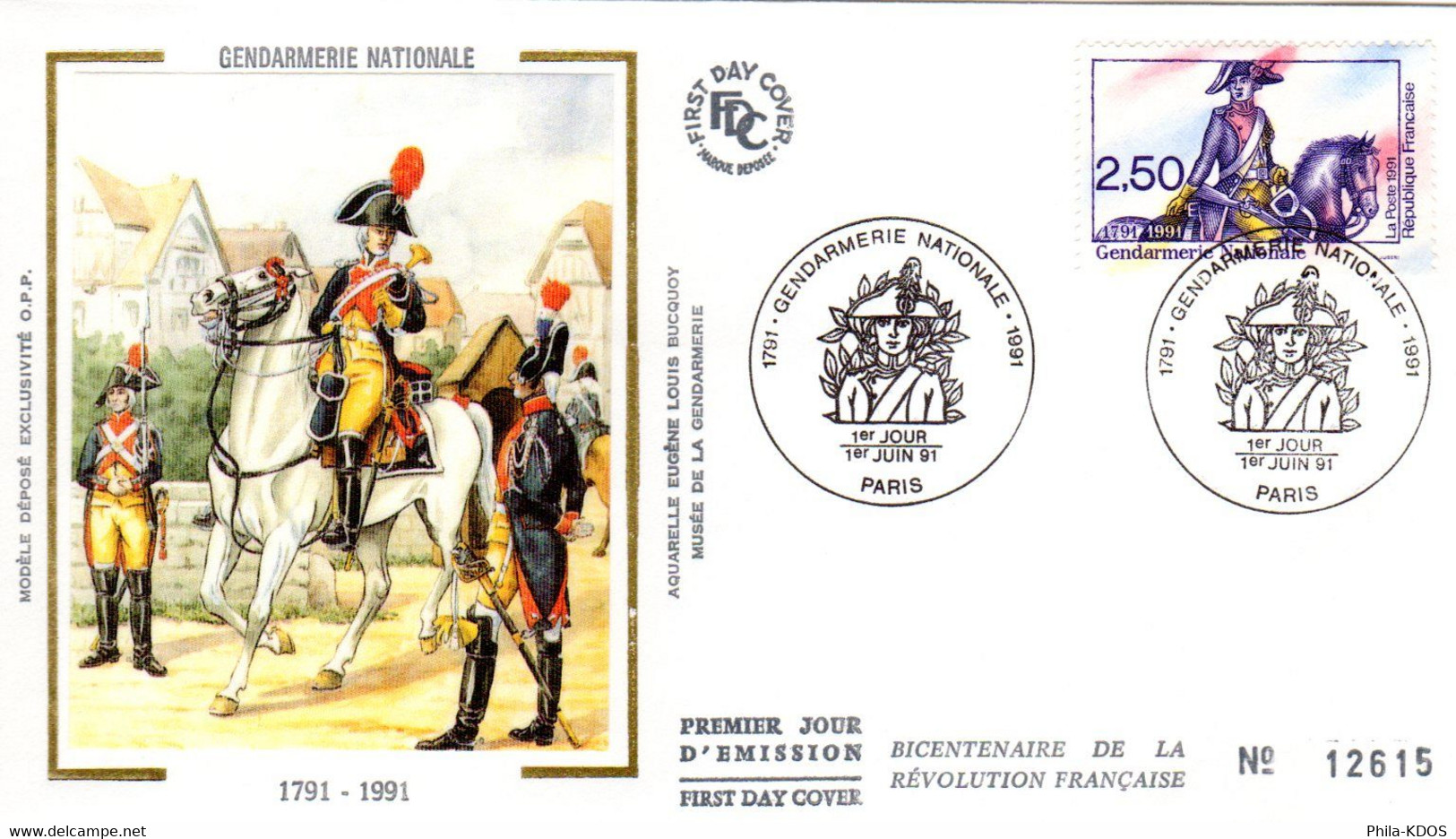 " 200 ANS DE LA GENDARMERIE " Sur Enveloppe 1er Jour N°tée Sur Soie De 1991 N° YT 2702. Parfait état. FDC - Policia – Guardia Civil