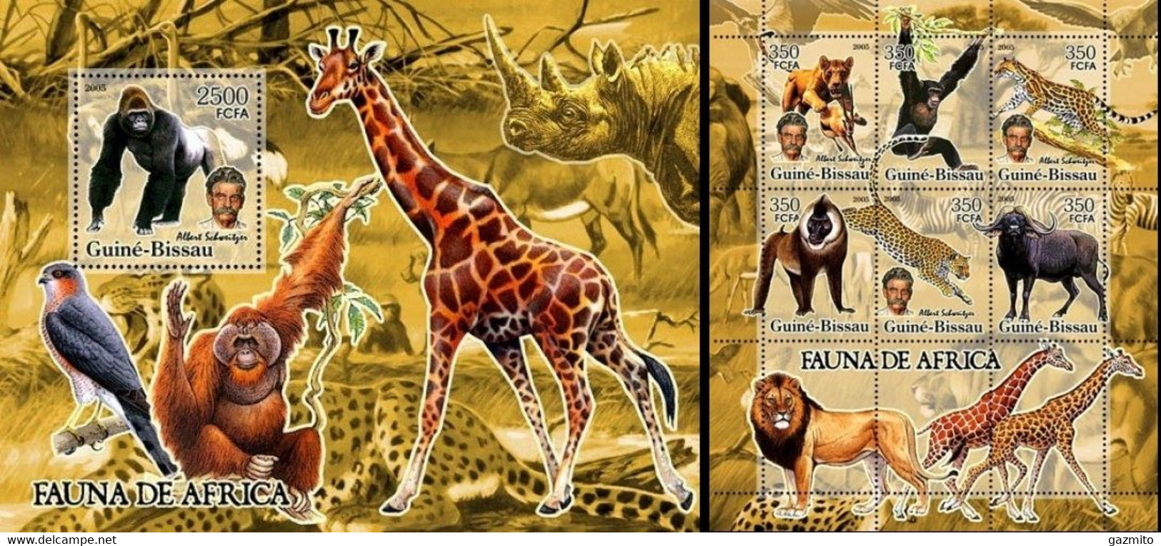 Guinea Bissau 2005, Animals, Schweitzer II, Giraffe, Monkey, Wild Cat, Birds Od Prey, 6val In BF +BF - Albert Schweitzer