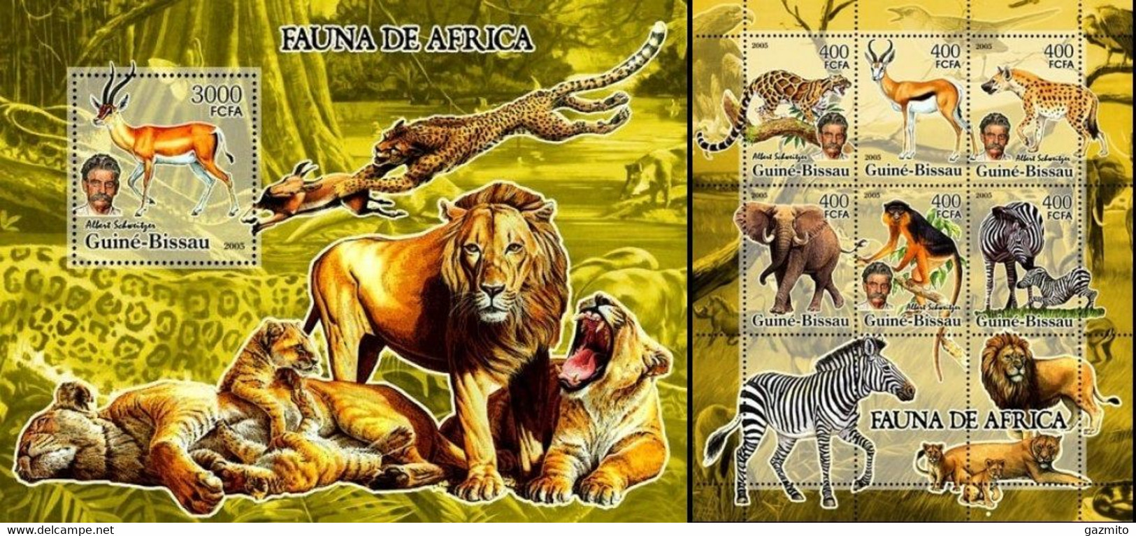 Guinea Bissau 2005, Animals, Schweitzer IV, Wild Cat, Gazelle, 6val In BF +BF - Albert Schweitzer