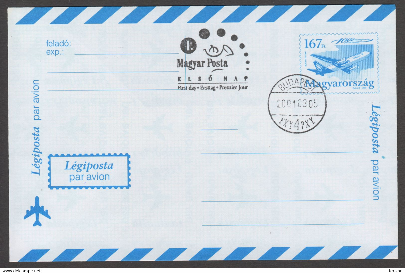 BOEING 737 MALÉV Airplane Airliner 2001 Hungary AIR MAIL PAR AVION Postal Stationery 167 Ft Cover Letter Envelope FDC - Brieven En Documenten