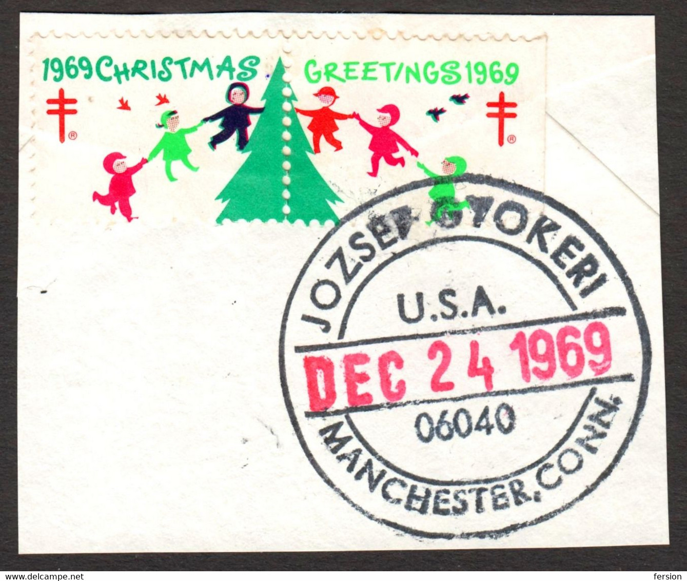 FDC Cut Postmark / Manchester Connecticut / CHRISTMAS Tree 1969 USA TBC Tuberculosis Charity Label Cinderella Vignette - Souvenirkaarten