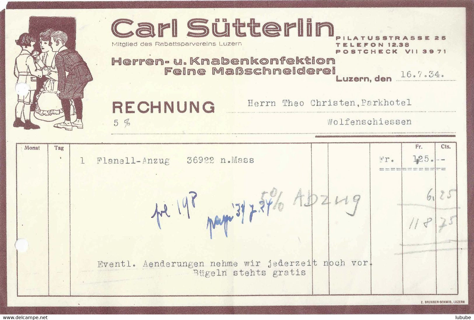 Rechnung  "Sütterlin, Herren-/Knabenkonfektion, Luzern"            1934 - Textiel