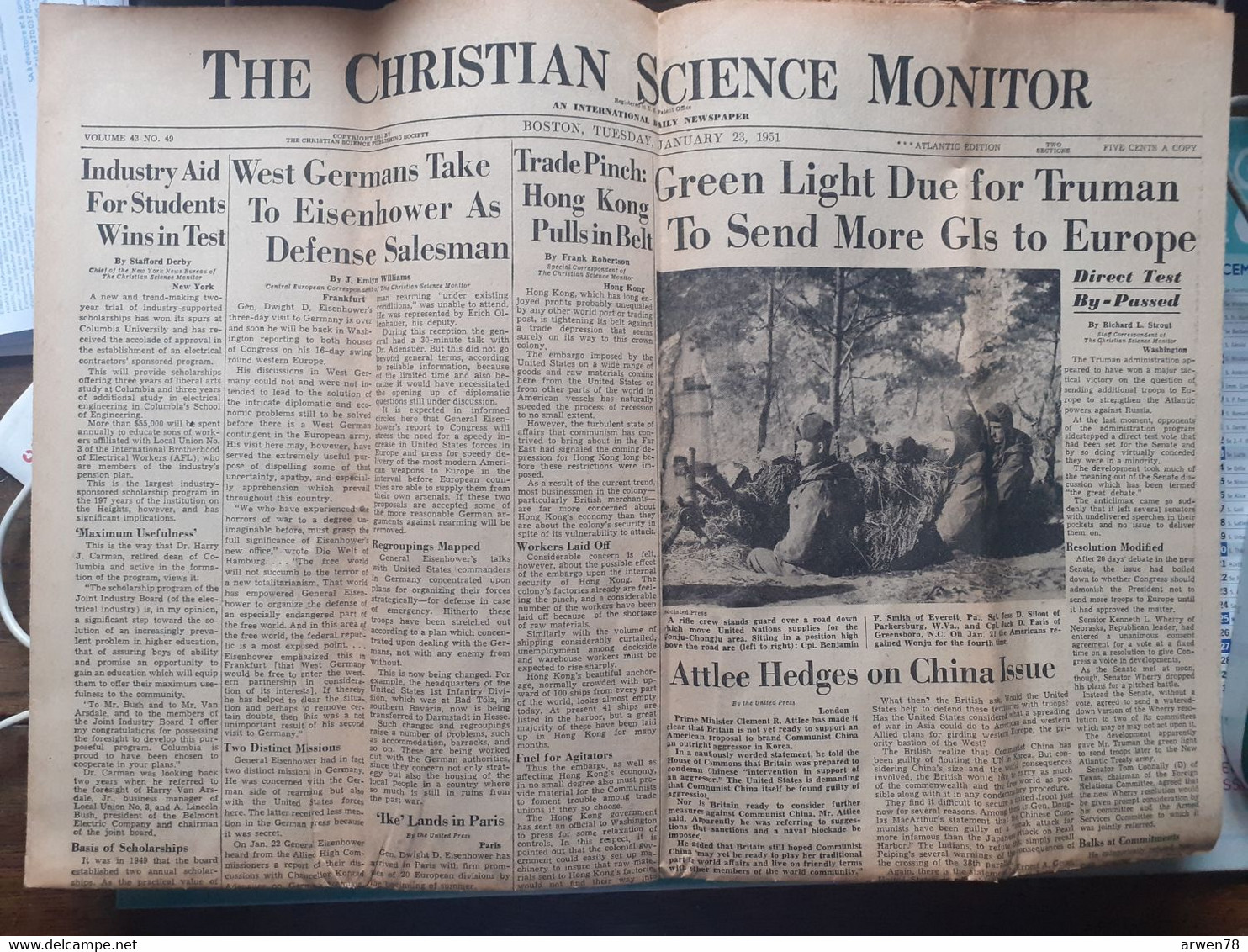 Journal The Christian Science Monitor Allemagne De L'est Eisenhower Hong Kong Truman Janvier 1951 - [1] Jusqu' à 1980