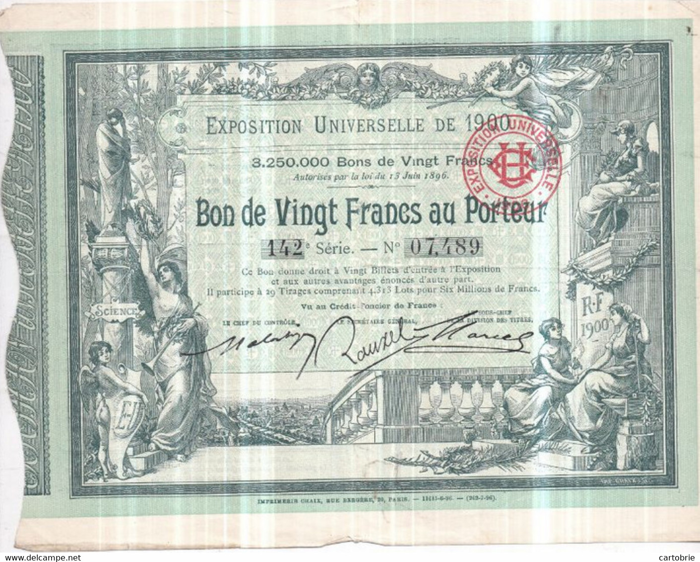 EXPOSITION UNIVERSELLE De PARIS 1900 - BON De VINGT FRANCS Au Porteur - 1896 - Imprimerie CHAIX - Turismo