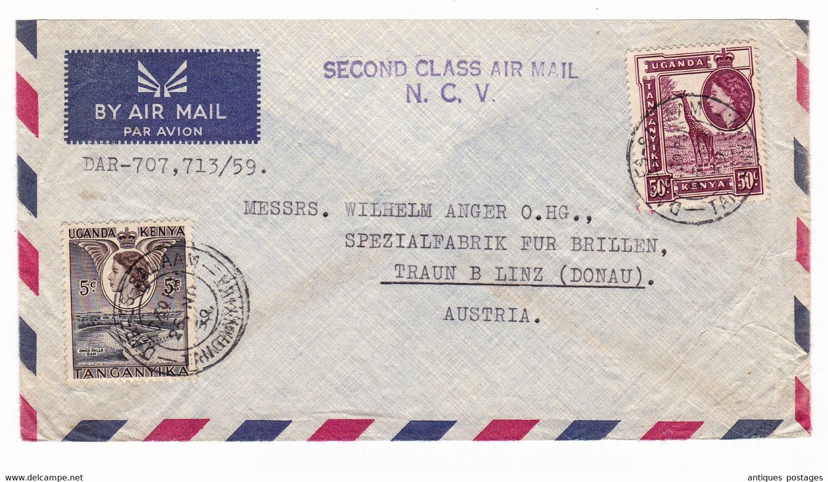 Lettre British Colony Kenya Ouganda 1959 Dar Es Salam Tanzanie Second Class Air Mail Autriche Austria Traun B Linz - Kenya, Uganda & Tanganyika