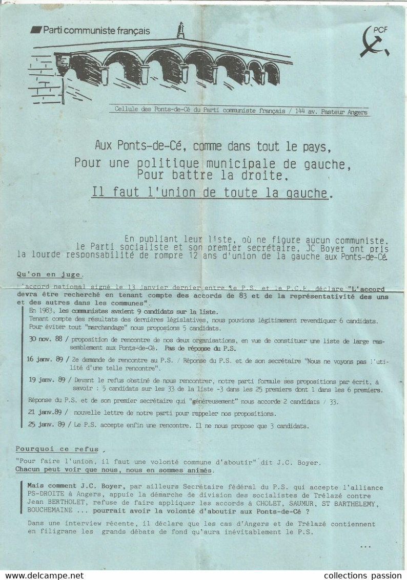 JCR , Publicité Politique, Parti Communiste Français , 49 , LES PONTS DE CE ,1989, Frais Fr 1.65 E - Advertising