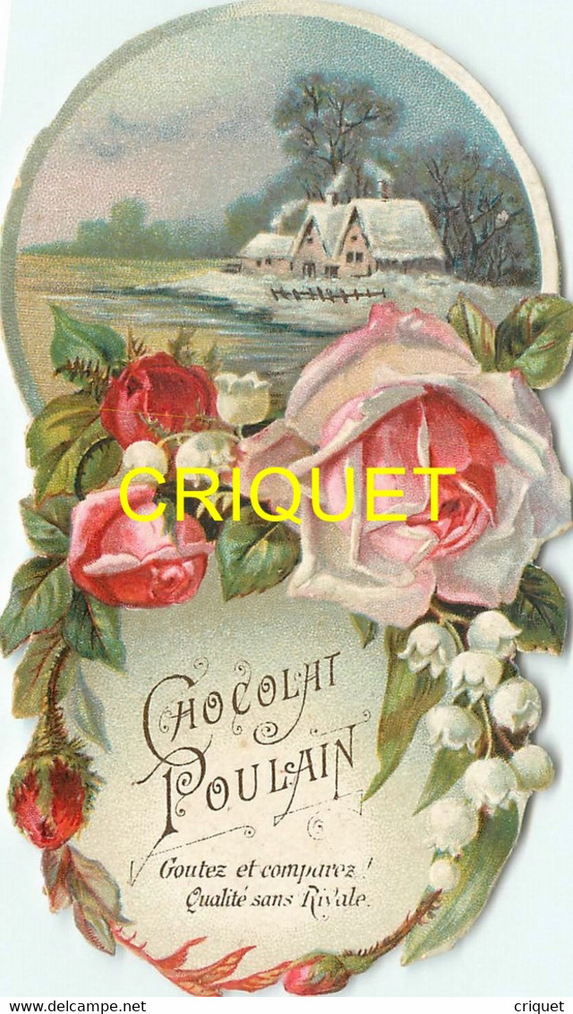 Chromo Poulain Façon Découpis N° 2, Couronne De Fleurs, Roses Et Muguet, Scan Recto Verso - Poulain