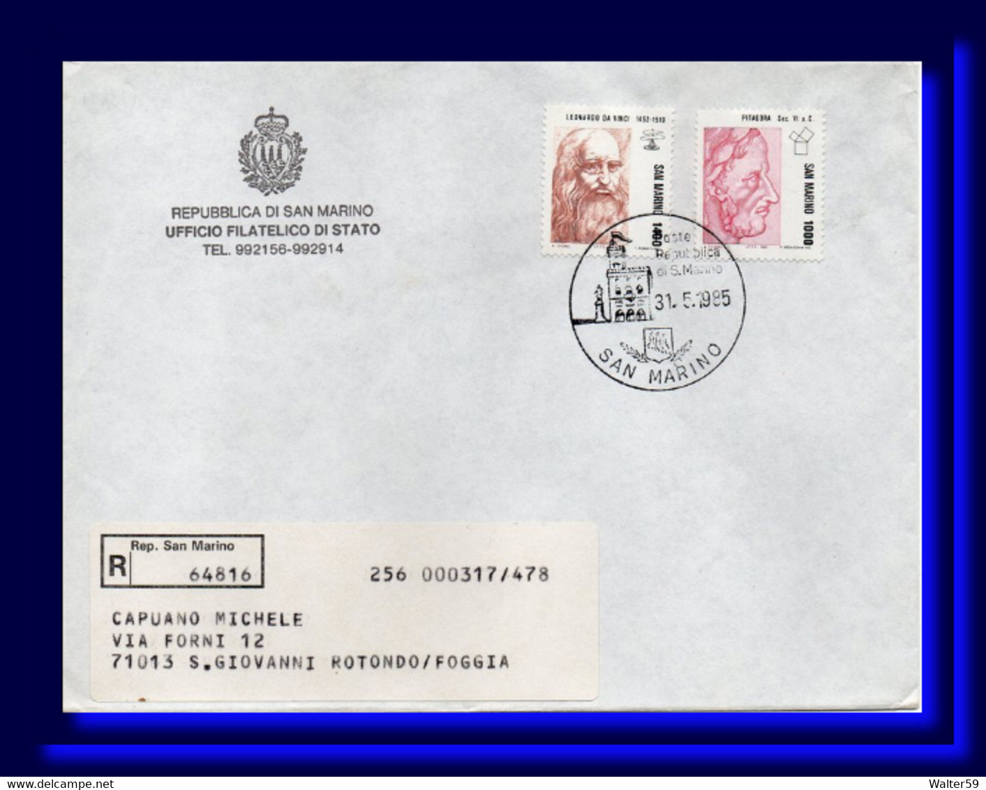 1985 San Marino Saint Marin Rgt. Letter NO PHILATELIC To Italy Recommandee Lettre - Covers & Documents