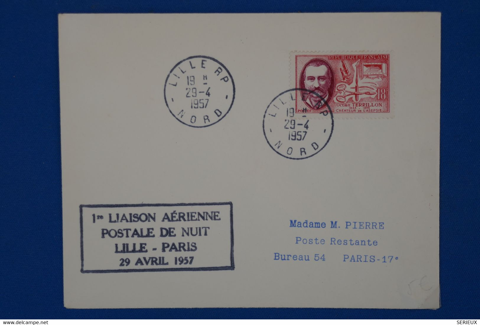 143 FRANCE BELLE LETTRE 1957  PREMIERE LIAISON DE NUIT LILLE PARIS  + AFFR. PLAISANT - 1927-1959 Usati
