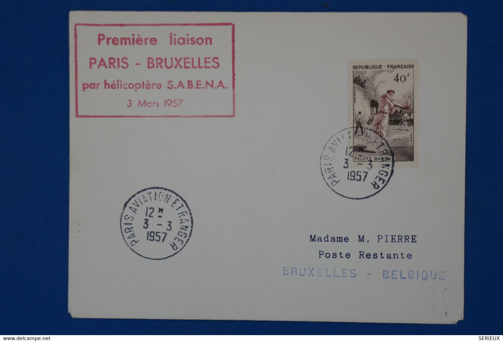 143 FRANCE BELLE LETTRE 1957  PREMIERE LIAISON   PARIS BRUXELLES PAR HELICOPTERE + AFFR. PLAISANT - 1927-1959 Gebraucht