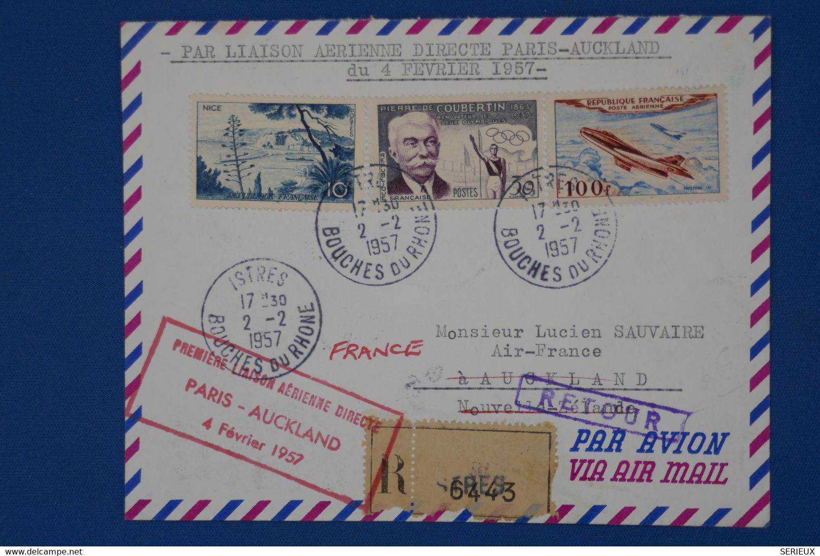 150 FRANCE BELLE LETTRE RECOM. 1957  PREMIERE LIAISON DIRECTE  PARIS AUCKLAND+ AFFR. PLAISANT - 1927-1959 Oblitérés