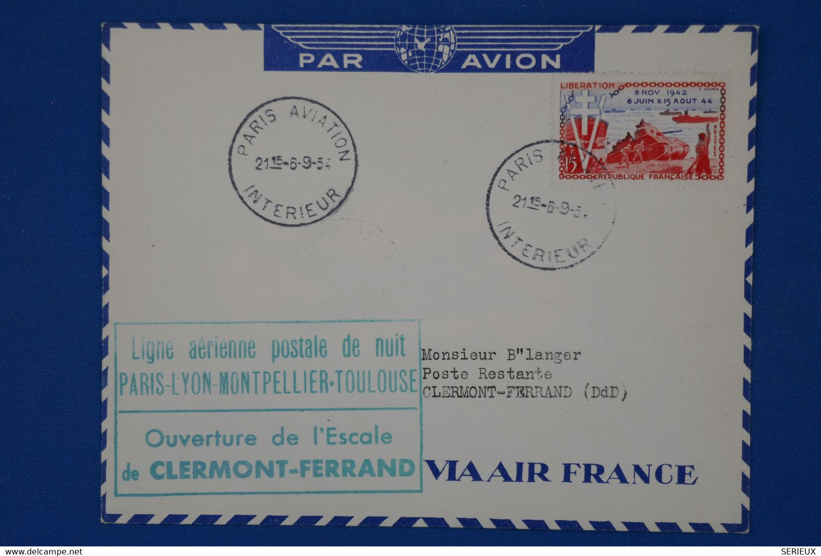 157 FRANCE BELLE LETTRE 1954    OUVERTURE ESCALE CLERMONT FERRAND + AFFR. PLAISANT - 1927-1959 Usati