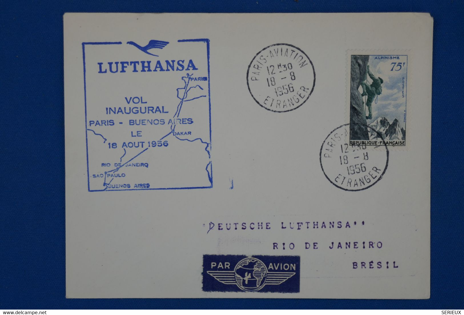 157 FRANCE BELLE LETTRE 1956   VOL INAUGURAL PARIS RIO BRESIL PAR LUFTHANSA+ AFFR. PLAISANT - 1927-1959 Oblitérés