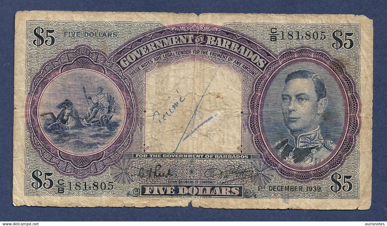 Barbados $5 Dollars 1939 P4a Rare Fine+ - Barbades
