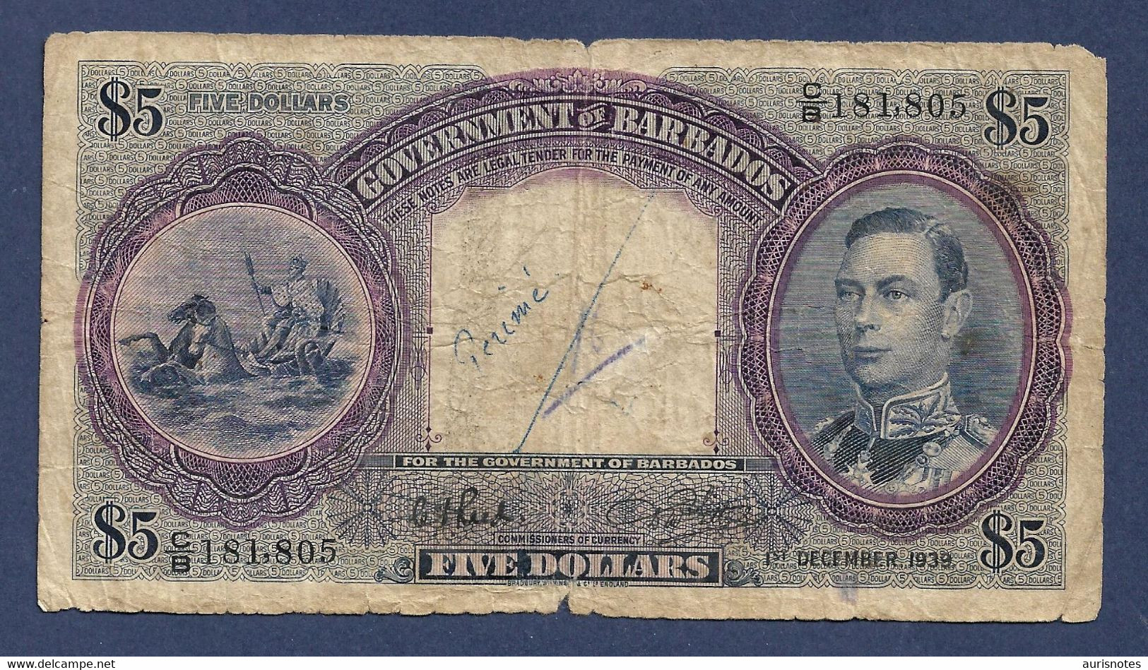 Barbados $5 Dollars 1939 P4a Rare Fine+ - Barbados