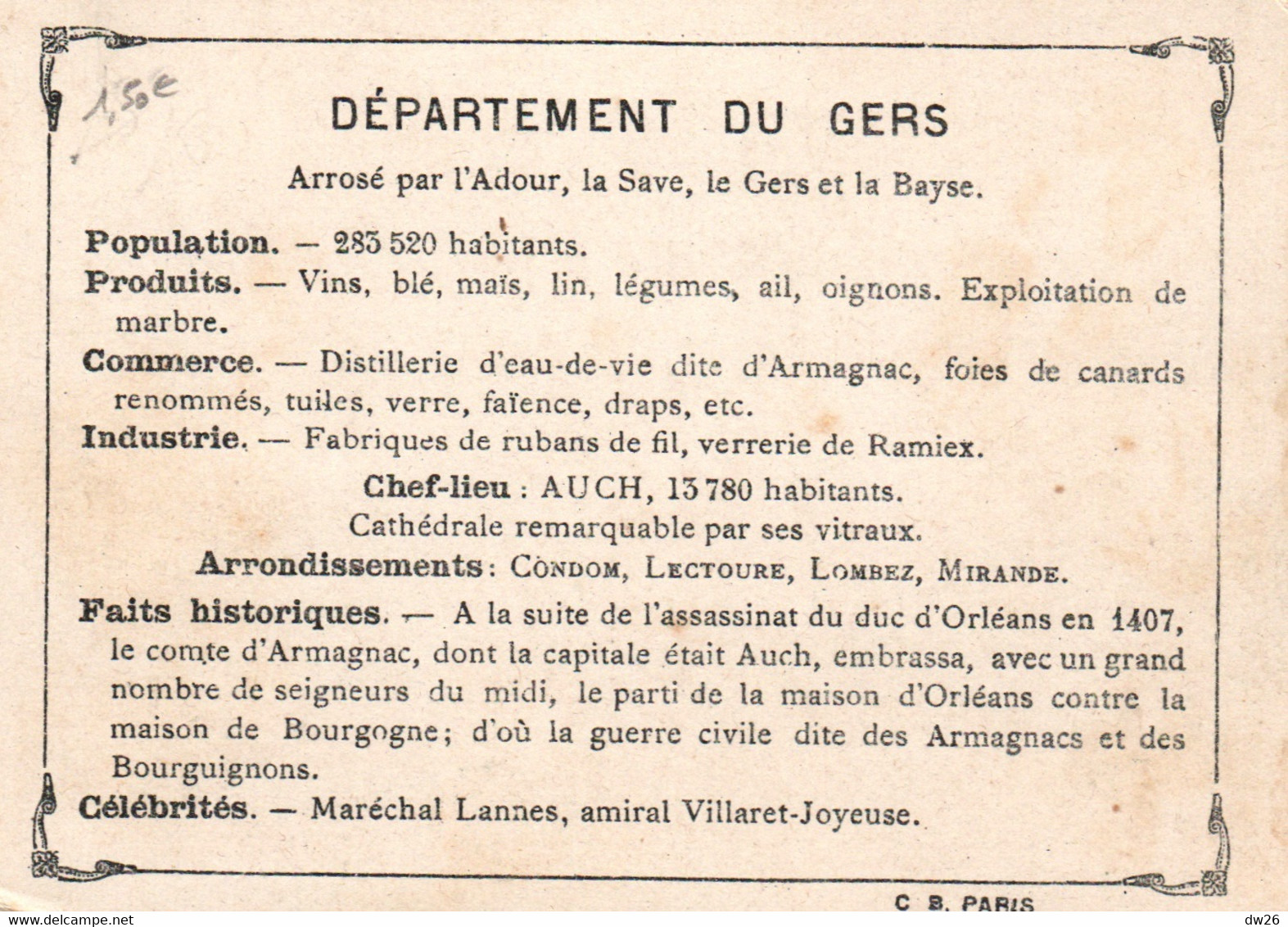 Chromo - Département - Le Département Du Gers, Auch, Vin, Drap... - Other & Unclassified