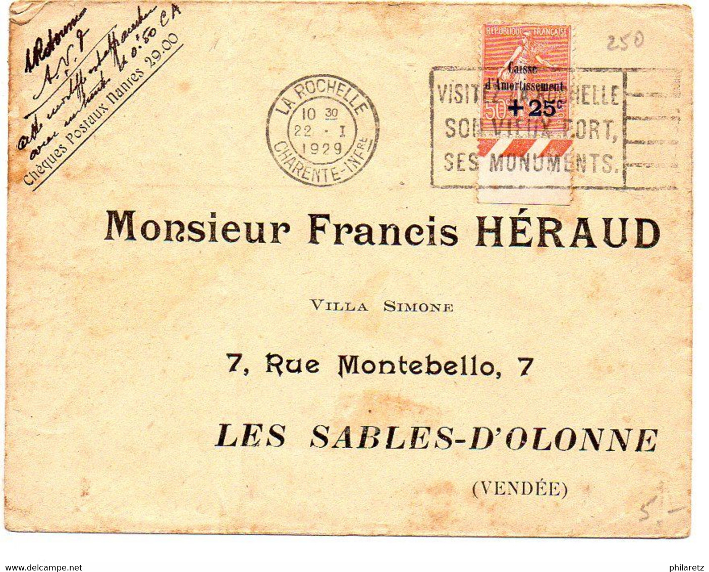 Semeuse, Caisse D'Amortissement (N° 250) Seul Sur Lettre Du 22 I 1929 - Etat B/TB - 1921-1960: Periodo Moderno