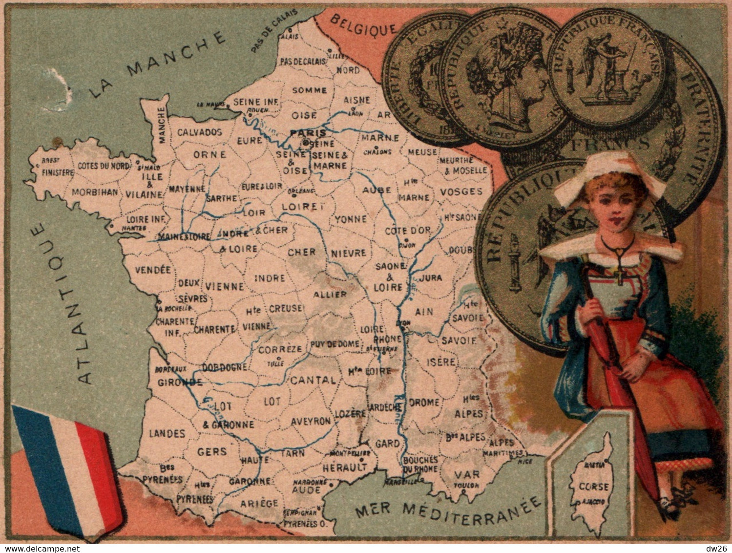 Chromo - Cartes De L'Europe Vers 1880 - Carte De La France (sans L'Alsace-Lorraine) Et Monnaie - Other & Unclassified
