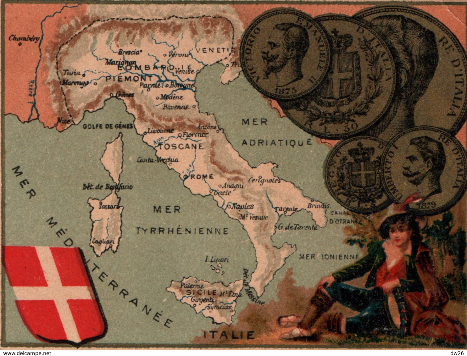 Chromo - Cartes De L'Europe Vers 1880 - Carte De L'Italie Et Monnaie - Other & Unclassified