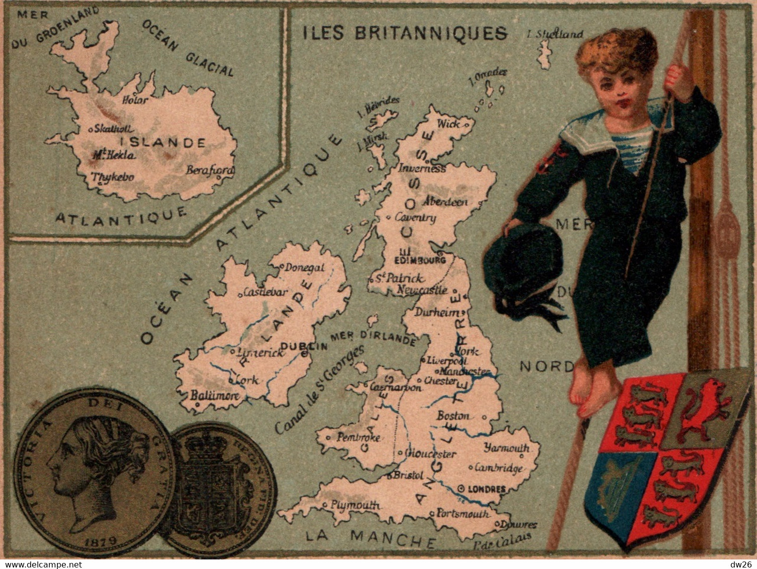 Chromo - Cartes De L'Europe Vers 1880 - Carte Des Iles Britanniques, Irlande Et Islande Et Monnaie - Other & Unclassified