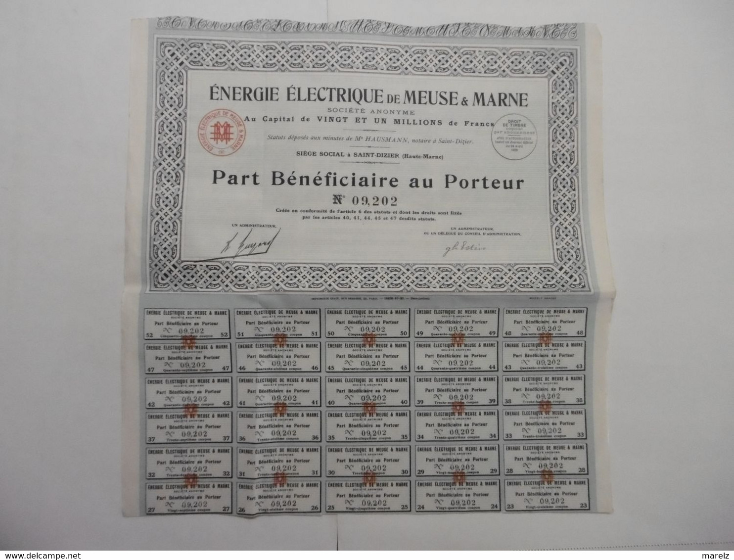 Energie Electrique De MEUSE Et MARNE - Action Part Bénéficiaire Au Porteur - SAINT-DIZIER 52 HAUTE-MARNE - Electricidad & Gas