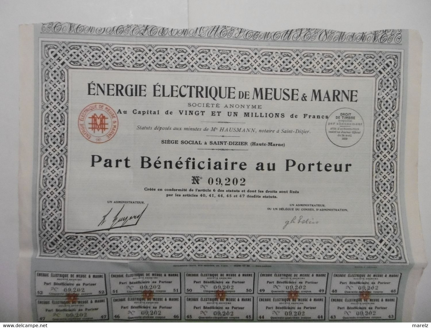 Energie Electrique De MEUSE Et MARNE - Action Part Bénéficiaire Au Porteur - SAINT-DIZIER 52 HAUTE-MARNE - Electricidad & Gas