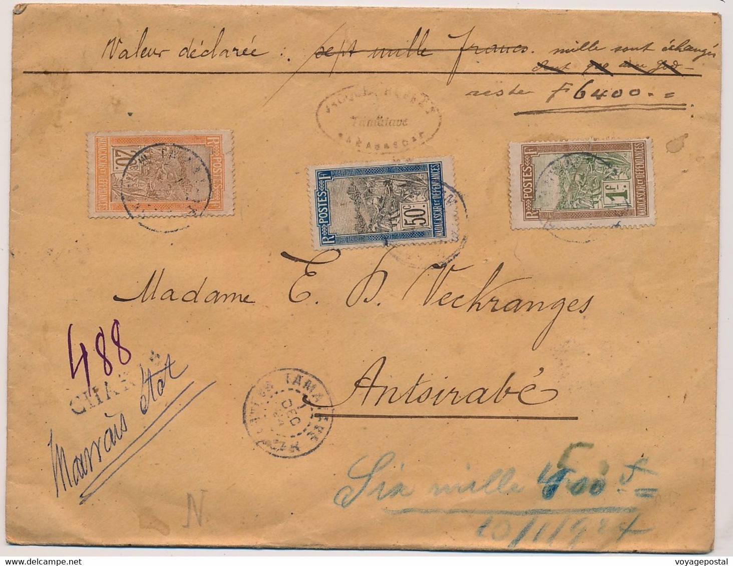 LETTRE CHARGÉE MADAGASCAR TAMATAVE 20,50 ET 1F ANTSIRABÉ LOCAL 1924 - Storia Postale