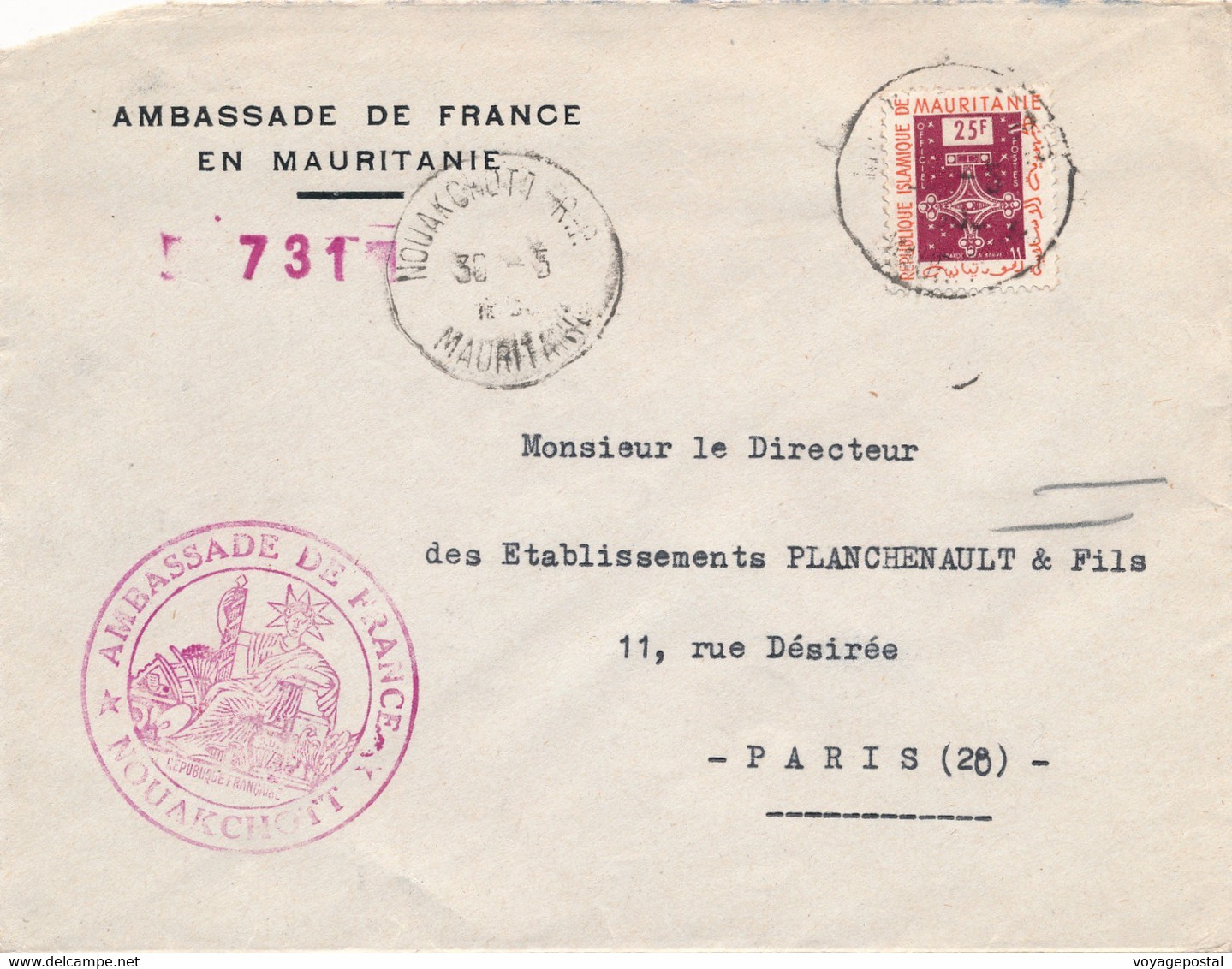 LETTRE AMBASSADE DE FRANCE EN MAURITANIE NOUAKCHOTT 25F PARIS - Mauritanie (1960-...)