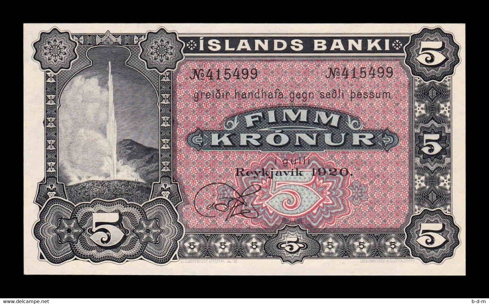 Islandia Iceland 5 Kronur 1920 Pick 15r Sign 2 SC UNC - Island