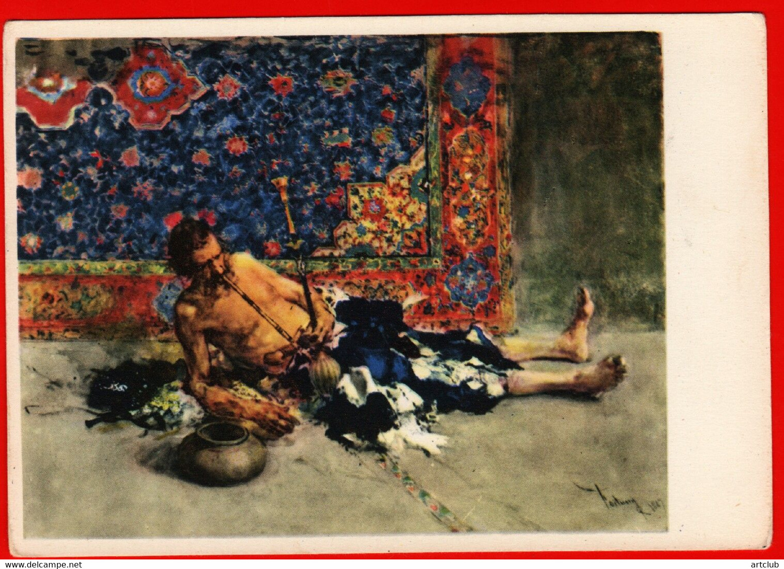 18342 Fortuny Smoker Opium Addict Hookah Smoking Drugs Stash Of Drug And Alcohol Abuse Carpet 80s USSR Soviet Painting - Malerei & Gemälde