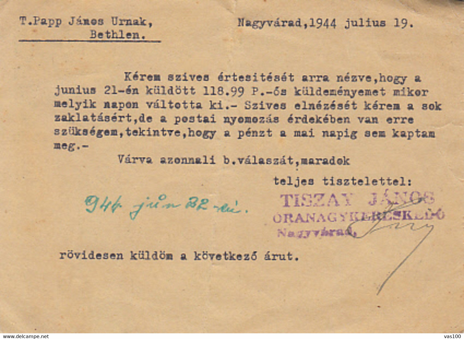 COAT OF ARMS, KOLOZSVAR- CLUJ NAPOCA, OCCUPATION OF TRANSYLVANIA, PC STATIONERY, ENTIER POSTAL, 1944, HUNGARY - Sin Clasificación