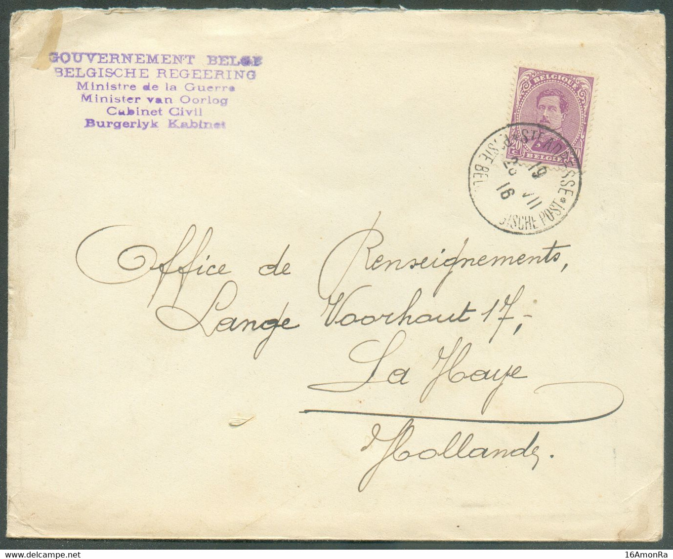 N°140- 20 Centimes Em. 1915 Obl. Sc Ste-ADRESSE (POSTE BELGE) Sur Lettre (griffe GOUVERNEMENT BELGE MINISTERE DE LA GUER - Andere & Zonder Classificatie