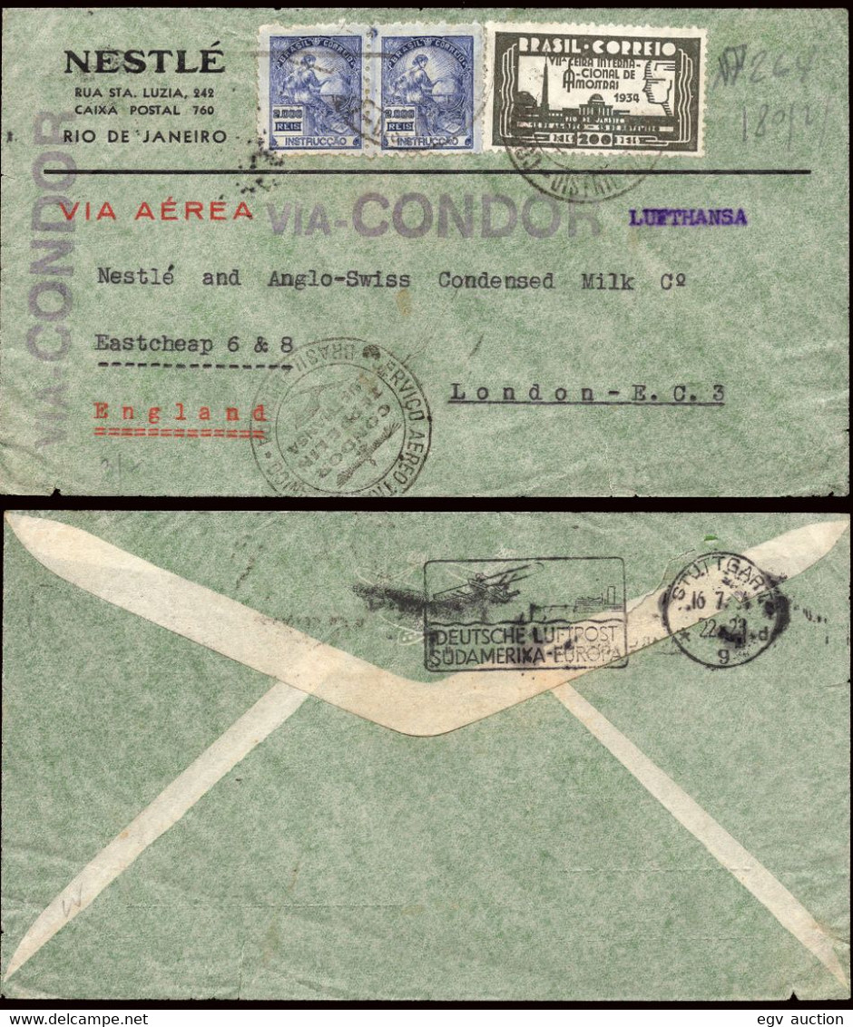 Brasil - Yv.180(2) +264 - 1934 - Rio A Londres "Vía Condor - Lufthansa 16/7/34" + Marca Circular Negra De Zeppelin - Airmail (Private Companies)