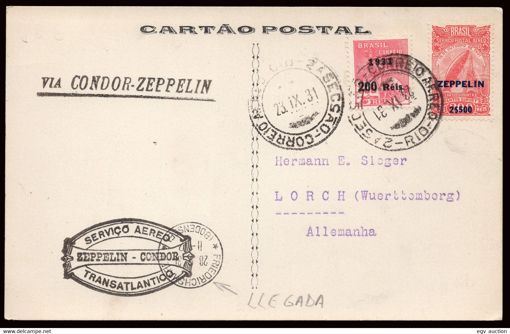 Brasil - Yv. TP 235 + A27 - 1931 - Postal "Rio 23/9/31" A Alemania + Marca "Via Condor - Zeppelin" + Marca... - Airmail (Private Companies)