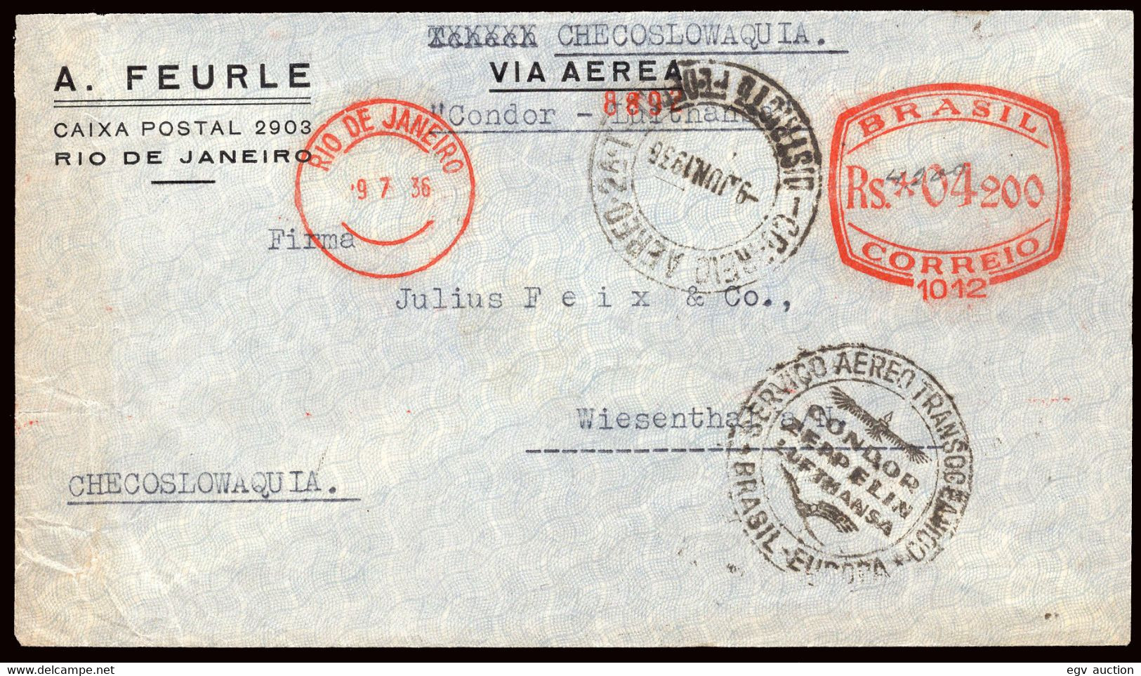 Brasil - Carta Con Franqueo Mecánico "Rio 9/7/36 - RS 04,200" A Checoslovaquia + Marca Circular "Servicio Aéreo .." - Poste Aérienne (Compagnies Privées)