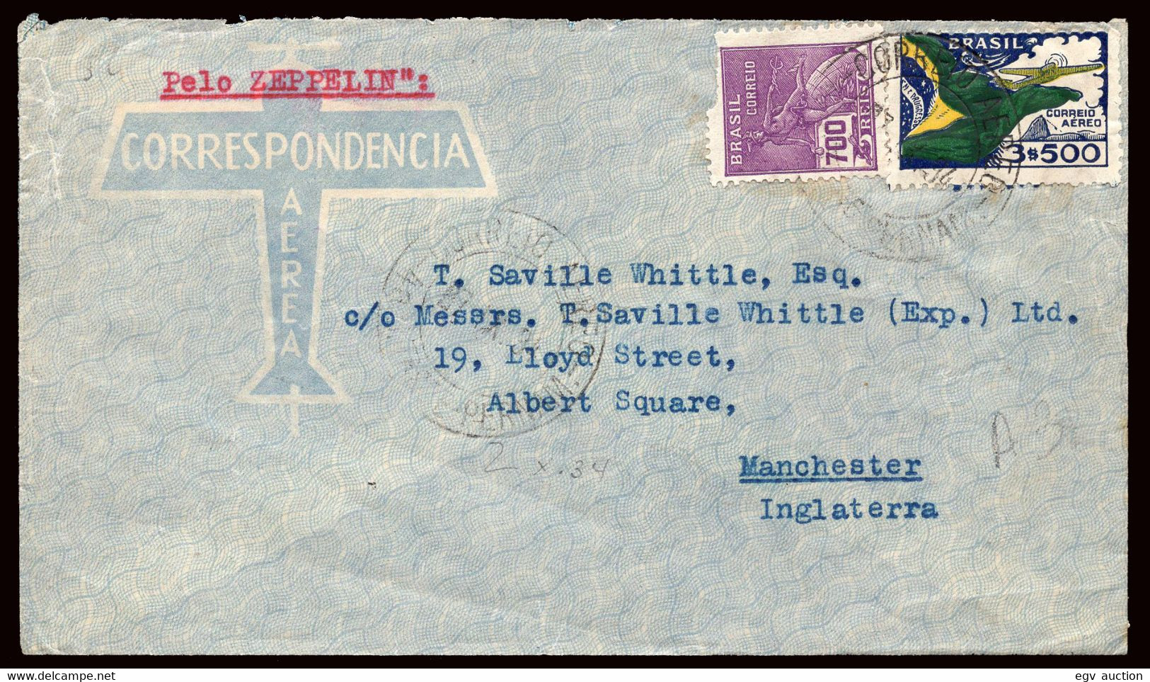 Brasil - Yv A38+...- 1934 De Pernambuco A Inglaterra Por Zeppelin - Aéreo (empresas Privadas)