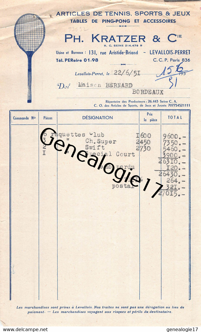 92 2700 LEVALLOIS PERRET SEINE 1951 Articles De Tennis PH. KRATZER Sports Jeux Ping Pong Rue Aristide Briand Dest BERNAR - Autres & Non Classés